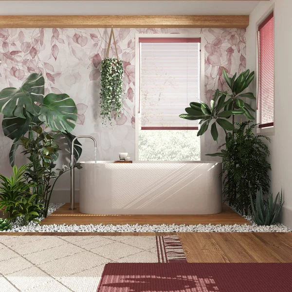 Modern ahşap banyo, beyaz ve kırmızı tonlarda, küvetli ve birçok çiçekli. Biyofili konsepti. Kentsel orman iç tasarımı