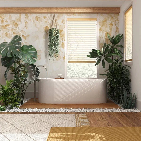 Modern ahşap banyo, beyaz ve sarı tonlarda, küvetli ve birçok çiçekli. Biyofili konsepti. Kentsel orman iç tasarımı