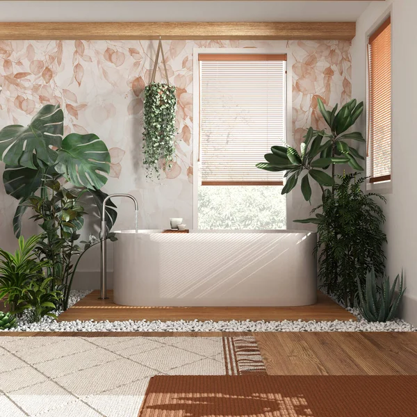 Modern ahşap banyo, beyaz ve turuncu tonlarda, küvetli ve birçok çiçekli. Biyofili konsepti. Kentsel orman iç tasarımı