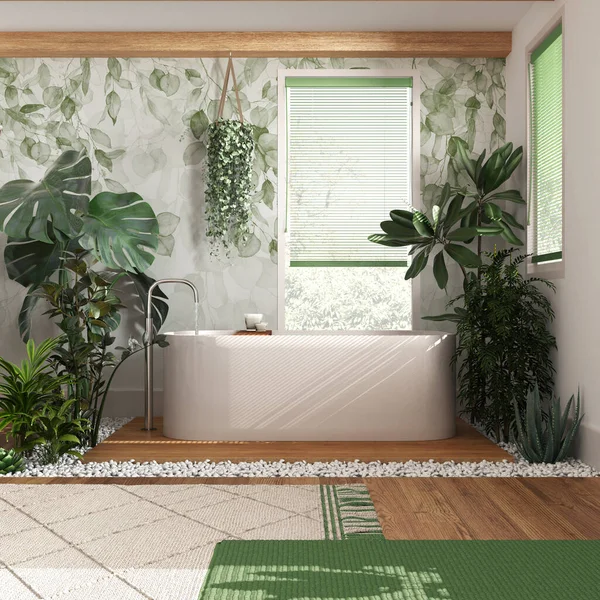 Modern Fából Készült Fürdőszoba Közel Fehér Zöld Tónusú Káddal Sok — Stock Fotó