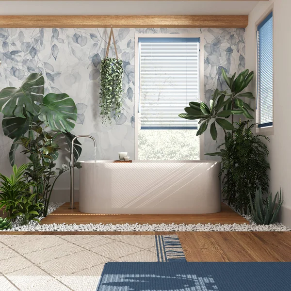 Modern ahşap banyo küvetli ve birçok çiçekli beyaz ve mavi tonlarda kapanıyor. Biyofili konsepti. Kentsel orman iç tasarımı