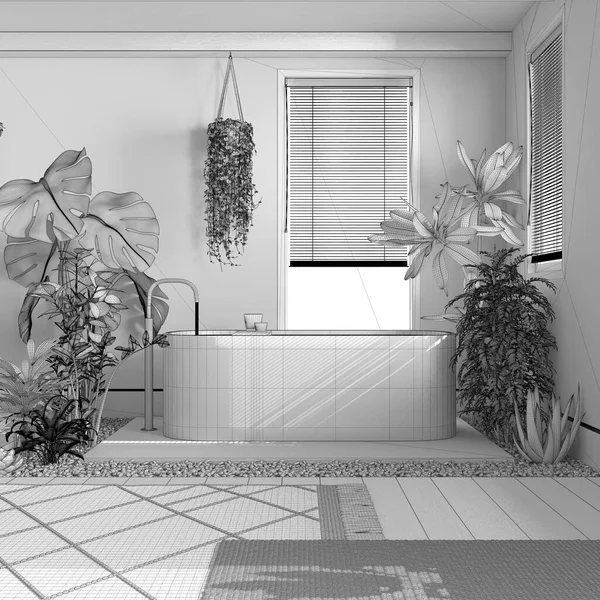 Blueprint Ημιτελές Σχέδιο Έργου Μοντέρνο Ξύλινο Μπάνιο Κοντά Μπανιέρα Και — Φωτογραφία Αρχείου