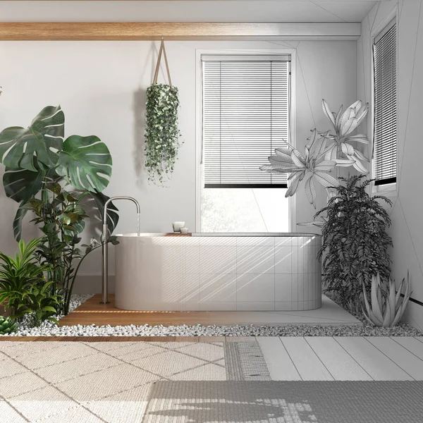 Architect interior designer concept: hand-drawn draft unfinished project that becomes real, bathroom with bathtub and many houseplants. Biophilia concept. Urban jungle style