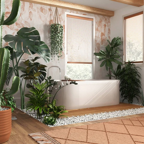 Fürdőszoba Fehér Narancssárga Tónusú Szabadon Álló Káddal Ablakok Velencei Redőnnyel — Stock Fotó