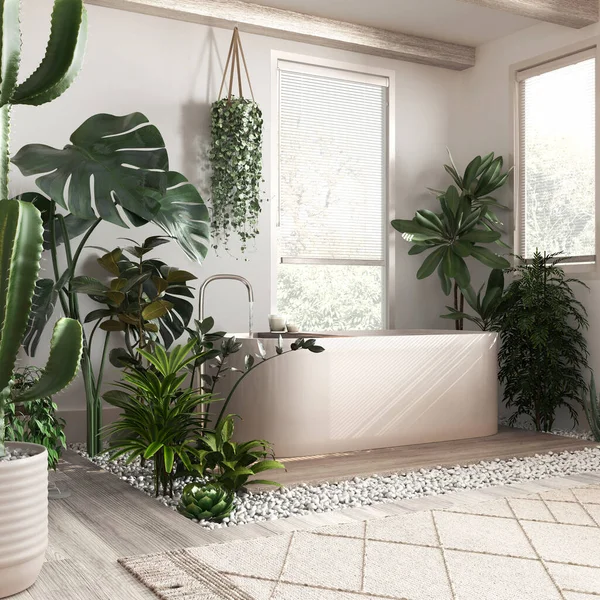 Bleached Wooden Bathroom White Beige Tones Freestanding Bathtub Windows Venetian — Stock Photo, Image
