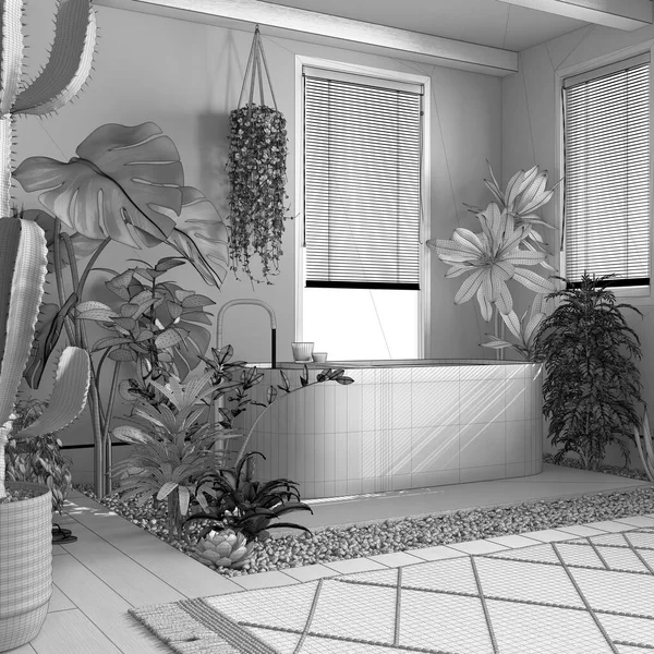 Σχέδιο Ημιτελές Σχέδιο Έργου Ξύλινο Μπάνιο Ανεξάρτητη Μπανιέρα Παράθυρα Περσίδες — Φωτογραφία Αρχείου