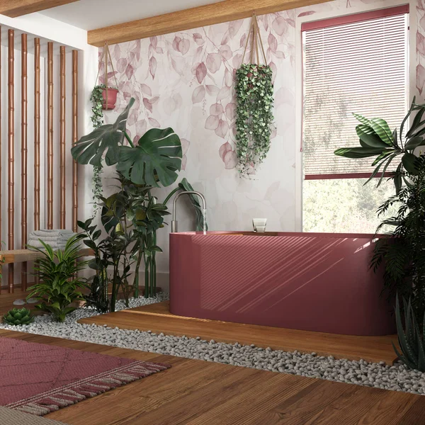 Design Interiores Biofilia Banheiro Madeira Tons Brancos Vermelhos Com Muitas — Fotografia de Stock