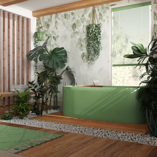 바이오 필리아 인테리어 디자인 식물이 우거진 녹색의 목욕실 욕조를 포장하고 — 스톡 사진