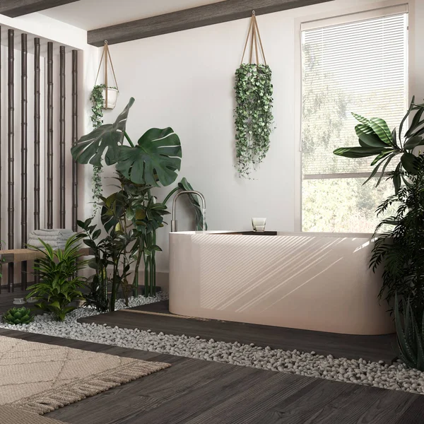Biyofili iç tasarımı, koyu ahşap banyo beyaz ve bej tonlarında birçok ev bitkisi. Parke ve serbest küvet. Şehir ormanı fikri