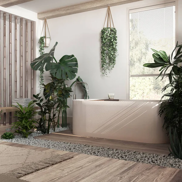 Biyofili iç tasarımı, beyazlatılmış ahşap banyo beyaz ve bej tonlarında birçok ev bitkisi. Parke ve serbest küvet. Şehir ormanı fikri