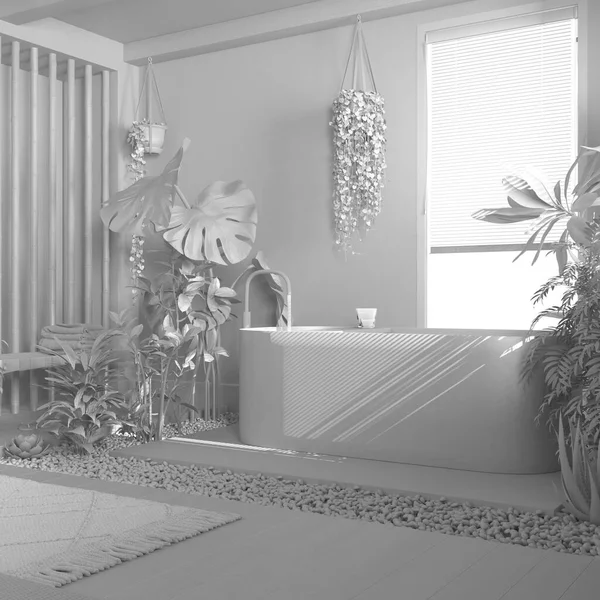 全白工程草案 生物友爱室内设计 木制浴室与许多室内植物 宴席和独立的浴缸 城市丛林概念概念 — 图库照片