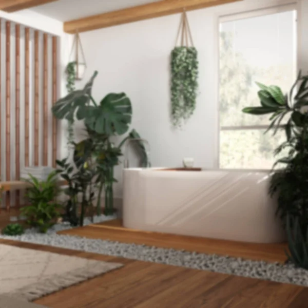 Fundo Desfocado Design Interiores Biophilia Banheiro Madeira Com Muitas Plantas — Fotografia de Stock