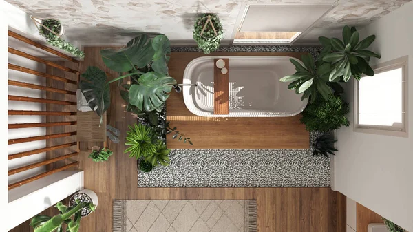 Modern interior design, wooden bathroom in white and beige tones with many houseplants. Parquet and freestanding bathtub. Urban jungle concept, top view, plan, above