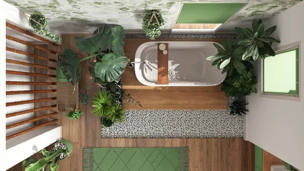 stock image Modern interior design, wooden bathroom in white and green tones with many houseplants. Parquet and freestanding bathtub. Urban jungle concept, top view, plan, above