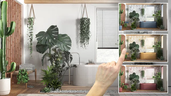 Mimari tasarım konsepti, modern tuvaleti ev bitkileriyle göstermek, farklı seçeneklerde renkler, iç tasarım projesi taslağı, renk seçici, malzeme örneği