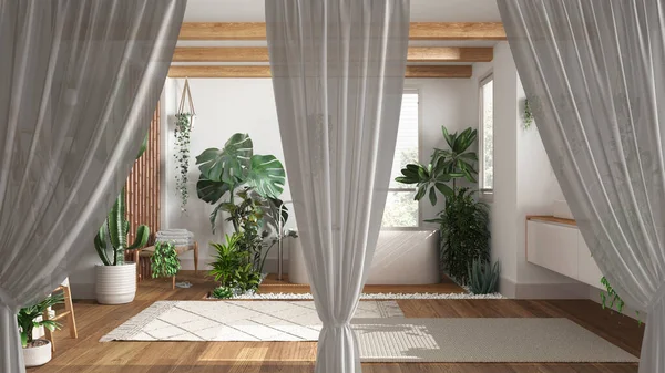 白色开口窗帘覆盖现代浴室与室内植物 室内设计 裁剪路径 垂直折叠 柔软的郁金香纺织品质感 舞台概念与复制空间 — 图库照片
