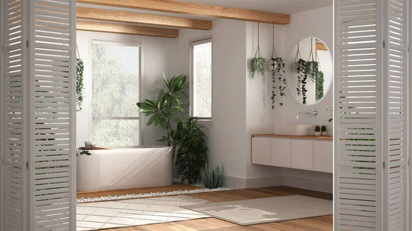 Sürdürülebilir modern banyoda beyaz katlanabilir kapı açılıyor. Küvet ve birçok ev bitkisi, mimar tasarımcısı konsepti, kentsel orman iç tasarımı.