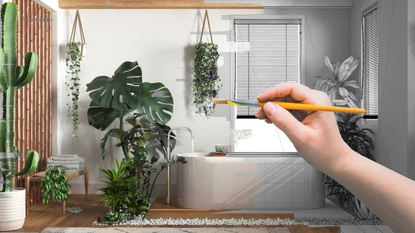 Taslak proje taslağı, kentsel orman tarzında banyo ve ev bitkileri olan modern banyonun taslağı, tasarım konsepti fikri, kanepe ve bitkiler, biyofilik konsept