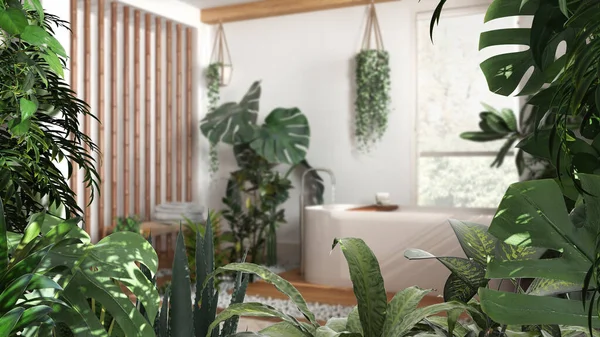 ジャングルのフレーム生物学的なアイデア 浴槽と多くの観葉植物とミニマリストの白いバスルームに熱帯の葉 都会のジャングルインテリアデザイン バイオフィリアの概念 — ストック写真