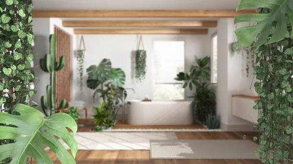 灌丛框架 生物情趣理念室内设计 热带的叶子在带有浴缸和许多室内植物的简约的白色浴室上方 菊花和苦瓜属植物 — 图库照片