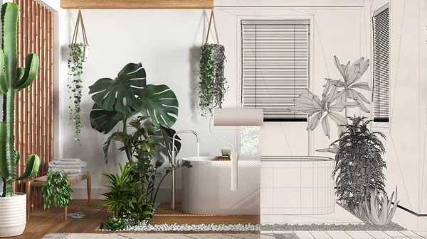 Paint roller painting interior design blueprint sketch background while the space becomes real showing bathroom with houseplants. Before and after concept, urban jungle design