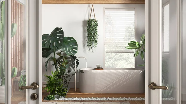 Klasszikus Fehér Üvegajtó Nyílik Minimális Fürdőszoba Káddal Sok Szobanövények Üdvözöljük — Stock Fotó