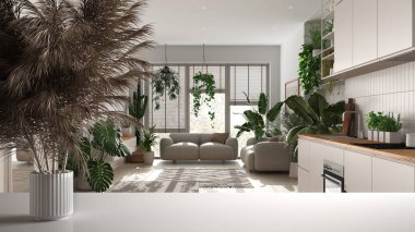 Beyaz masa üstünde ya da rafta pipetler, kuru bitkiler, süs, kulaklar, çarşaf, vazo dalı, mutfak ve oturma odası, ev bitkileri, mimari iç tasarım, kentsel orman