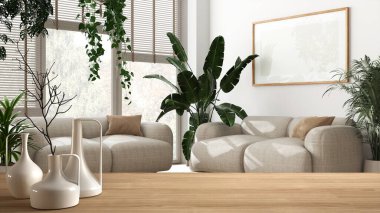 Minimalist modern vazolarla kaplı ahşap masa ya da raf çok sayıda ev bitkisi, şehir ormanı, biyofilik iç tasarımı olan en az beyaz oturma odasının üzerinde.