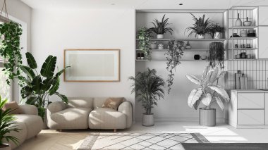 Mimar iç mimar konsepti: elle çizilmiş tamamlanmamış proje gerçek, kapalı ev bahçesi konseptine dönüşüyor. Mutfak ve oturma odası iç tasarımı. Şehir cangılı fikri