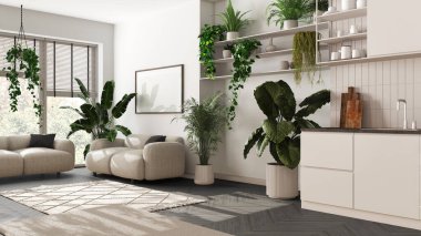 Bahçe aşkı. Mutfak ve oturma odasının iç tasarımı beyaz ve koyu renklerde. Parke, kanepe ve bir sürü ev bitkisi. Şehir ormanı, kapalı yer biyofili fikri