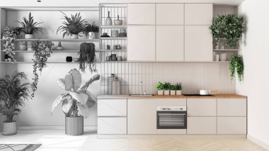 Mimar iç mimar konsepti: elle çizilmiş tamamlanmamış proje gerçek, kapalı ev bahçesi konseptine dönüşüyor. Asgari mutfak iç tasarımı. Kentsel orman geçmişi