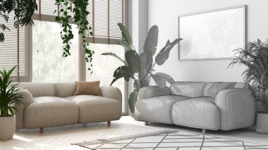 Mimari iç mimar konsepti: elle çizilmiş, tamamlanmamış proje gerçeğe dönüşüyor, bitki severler kavramı. Modern oturma odası. Şehir cangılı fikri