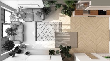 Mimari iç mimar konsepti: elle çizilmiş tamamlanmamış proje gerçek oluyor, bitki konseptine olan sevgi. Oturma odası ve mutfak. Şehir ormanı, yukarısı, plan, yukarısı