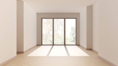 Ahşap boş oda iç tasarımı, Herringbone parke zeminli açık alan, panoramik pencere, beyaz duvarlar, modern mimari konsepti