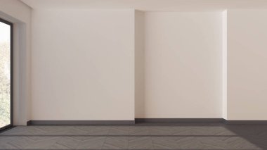 Ahşap boş oda iç tasarımı, açık alan koyu ringa kemiği parke zemin, beyaz duvarlar, modern mimari fikir.