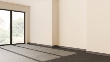 Tahta boş oda iç tasarımı, koyu ringa kemiği parke zeminli açık alan, panoramik pencere, beyaz duvarlar, modern mimari konsepti.