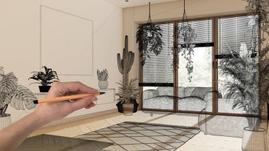 Ringbone parke zeminli içi boş, el çizimi özel mimari tasarımı, siyah mürekkep çizimi, ev bitkilerinin olduğu en az sayıda oturma odasını gösteren plan.