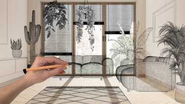 Ringbone parke zeminli içi boş, el çizimi özel mimari tasarımı, siyah mürekkep çizimi, ev bitkilerinin olduğu en az sayıda oturma odasını gösteren plan.