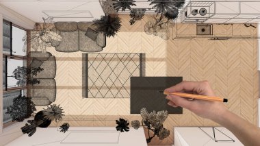 Herringbone parke zeminli boş beyaz iç döşeme, el çizimi özel mimari tasarım, siyah mürekkep çizimi, üzerinde ev bitkileri olan oturma odasını gösteren plan, üst görünüm,