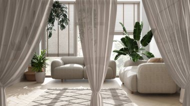 Beyaz perdeler, kanepe, iç tasarım arka plan, kırpma yolu, dikey kıvrımlar, yumuşak tül tekstil dokusu, fotokopi alanı ile sahne konsepti ile minimum oturma odasını kaplar.