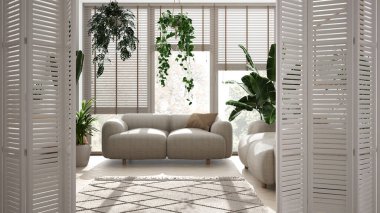 Beyaz katlanır kapı, kumaş kanepeler ve halı ile minimal beyaz oturma odasında açılıyor ve birçok saksı bitkisi, mimar tasarımcısı konsepti, kentsel orman iç tasarımı