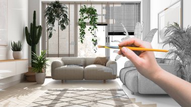 Proje taslağı, kentsel orman tarzında kanepeleri olan modern beyaz oturma odasının taslağı, tasarım konsepti fikri, kanepe ve bitkiler, biyofilik konsept