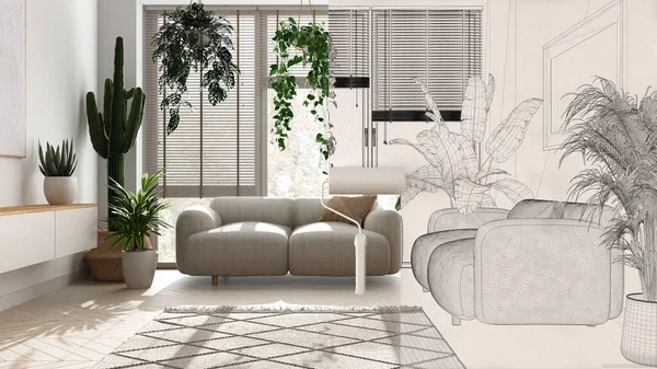 Paint roller painting interior design blueprint sketch background while the space becomes real showing minimal living room. Before and after concept, urban jungle interior design