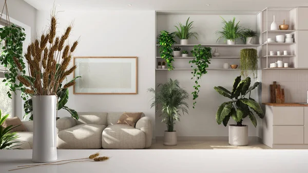 stock image White table top or shelf with straws, dry plants, ornament, ears, sheaf, branch in vase, over kitchen and living room, houseplants, architect interior design, urban jungle