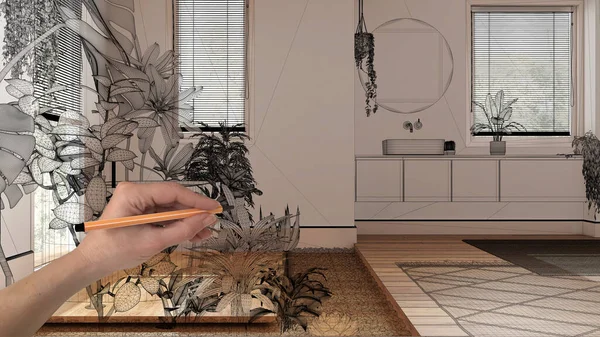 木製の寄木細工の床 手描きのカスタム建築デザイン 黒インクのスケッチ 観葉植物とバスタブ付きのバスルームを示す青写真と空の白いインテリア — ストック写真