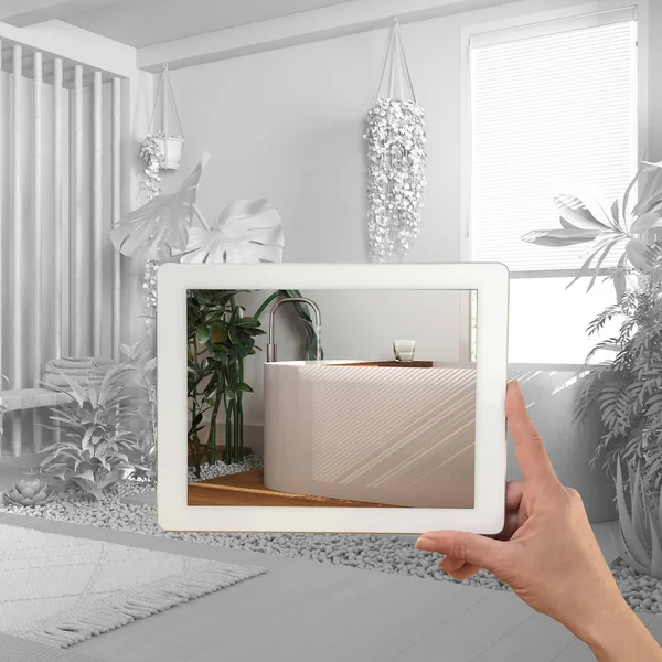 Концепция Дополненной Реальности Ручной Планшет Приложением Имитации Мебели Дизайнерских Изделий — стоковое фото