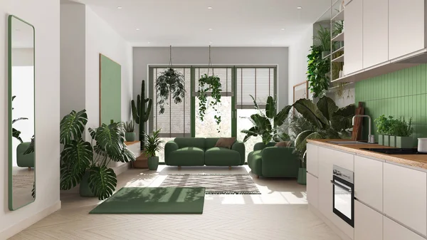 Bitki Konseptini Seviyorum Mutfak Oturma Odası Tasarımı Beyaz Yeşil Tonlarda — Stok fotoğraf