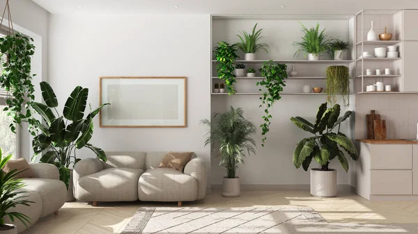 Binnenhuis Tuin Concept Keuken Woonkamer Interieur Witte Tinten Parket Bank — Stockfoto