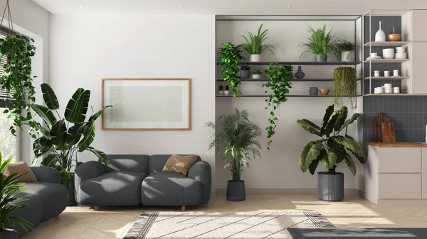 Indoor home garden concept. Kitchen and living room interior design in white and gray tones. Parquet, sofa and many house plants. Urban jungle idea