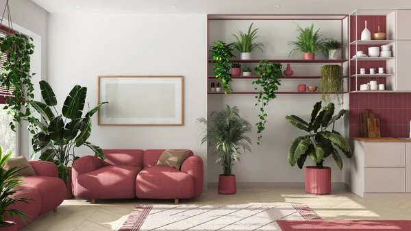 Içi Bahçe Konsepti Mutfak Oturma Odası Tasarımı Beyaz Kırmızı Tonlarda — Stok fotoğraf